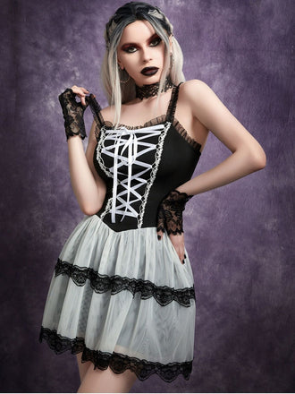 1960s Slip Gothic Lace-Up Ruffled Mesh Dress