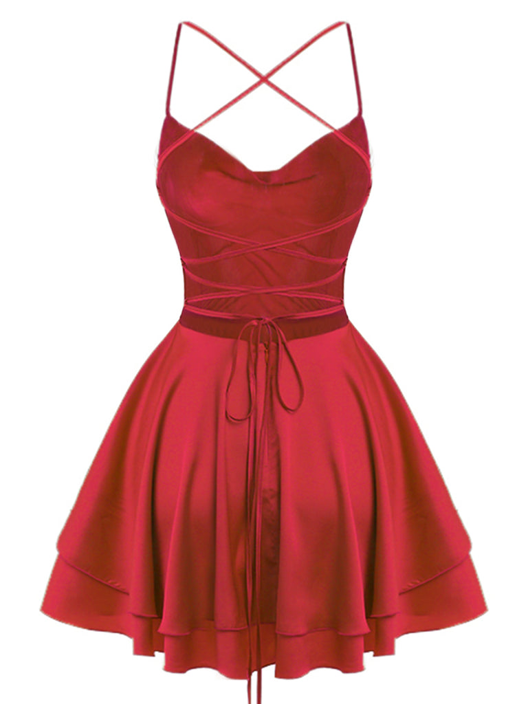 1960s Solid Satin Back Lace-Up Mini Dress