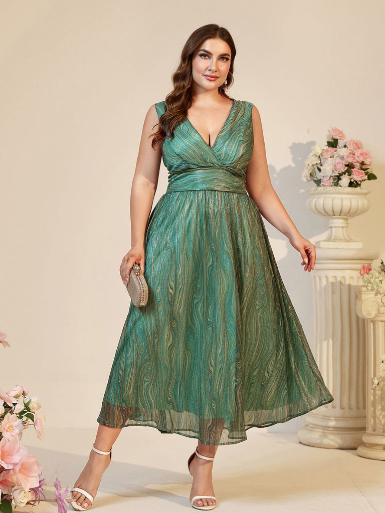 [Plus Size] Green 1980s Deep V Glitter Marble Print Dress