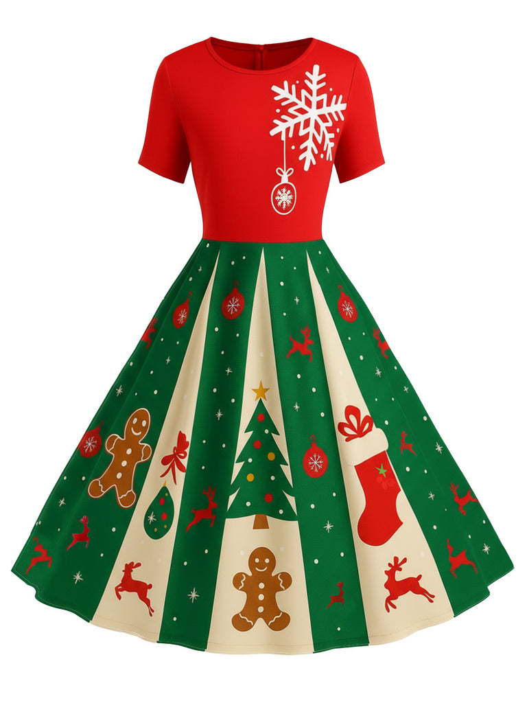 Red & Green 1950s Christmas Snowflake Swing Dress