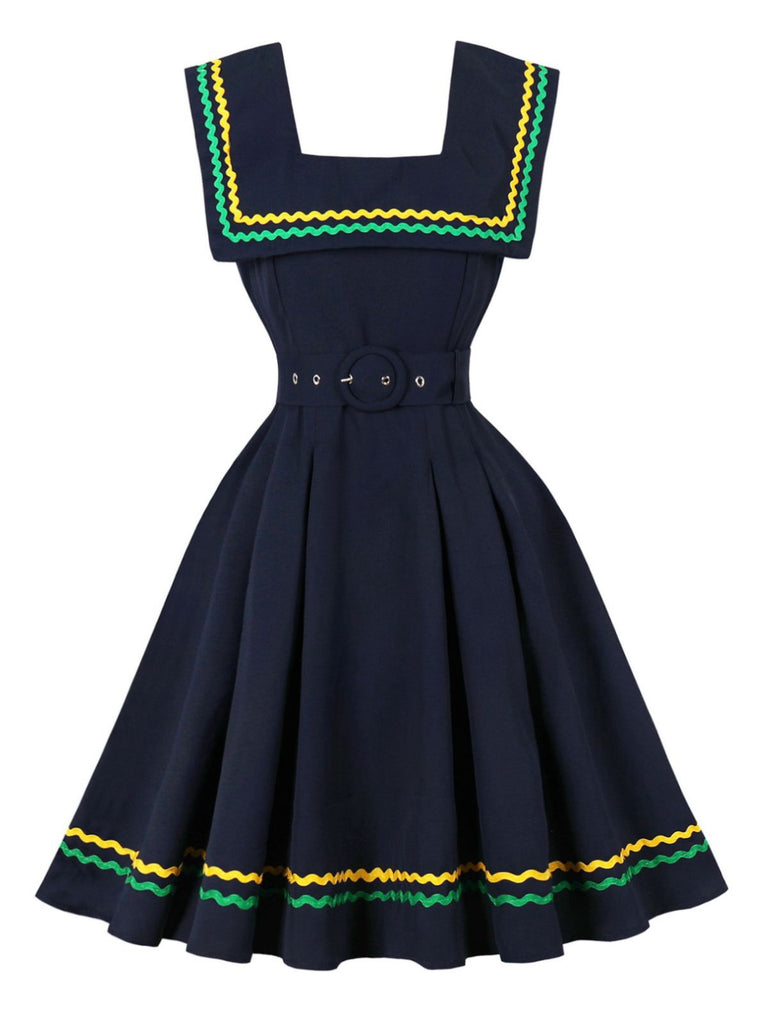 Navy Blue 1950s Square Neck Wavy Striped Sleeveless Dress