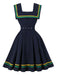 Navy Blue 1950s Square Neck Wavy Striped Sleeveless Dress