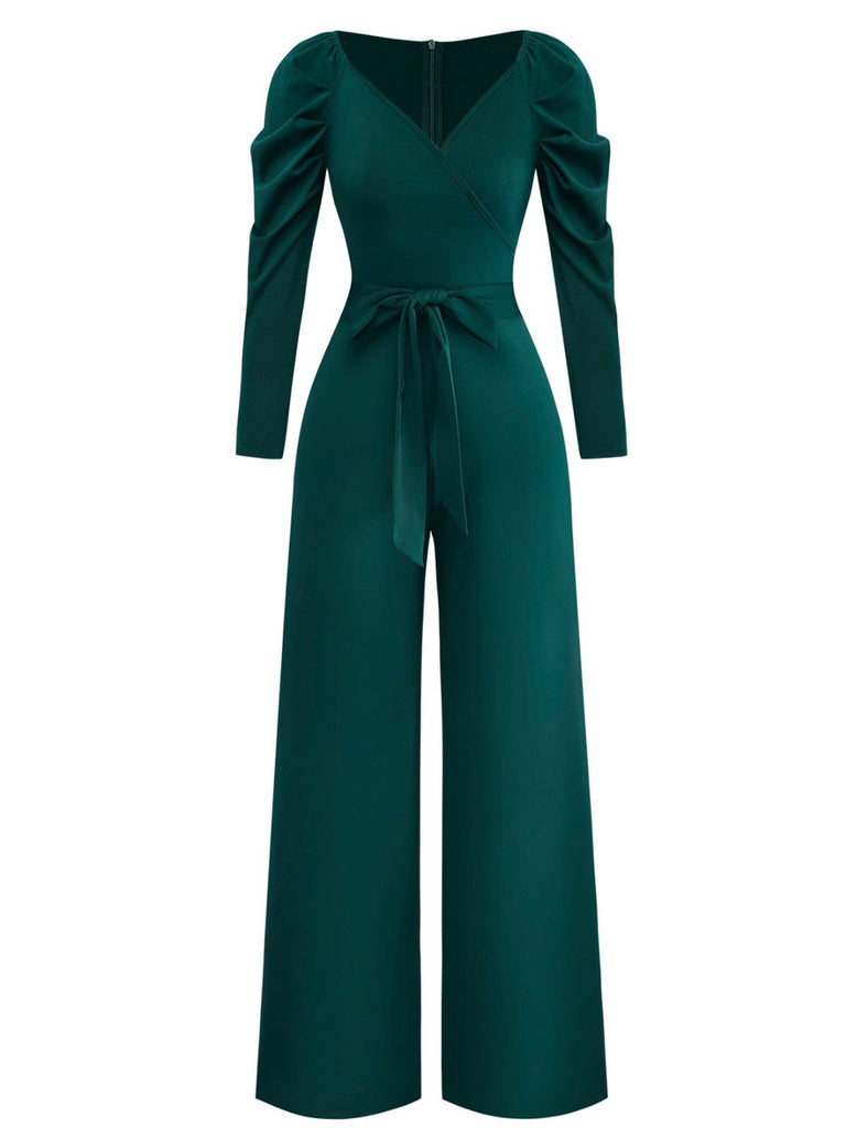 1930s Solid Ruched V-Neck Belted Jumpsuit