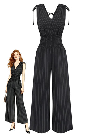 Black 1950s Striped Tie Shoulder Smocked Waist Jumpsuit