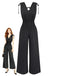 Black 1950s Striped Tie Shoulder Smocked Waist Jumpsuit