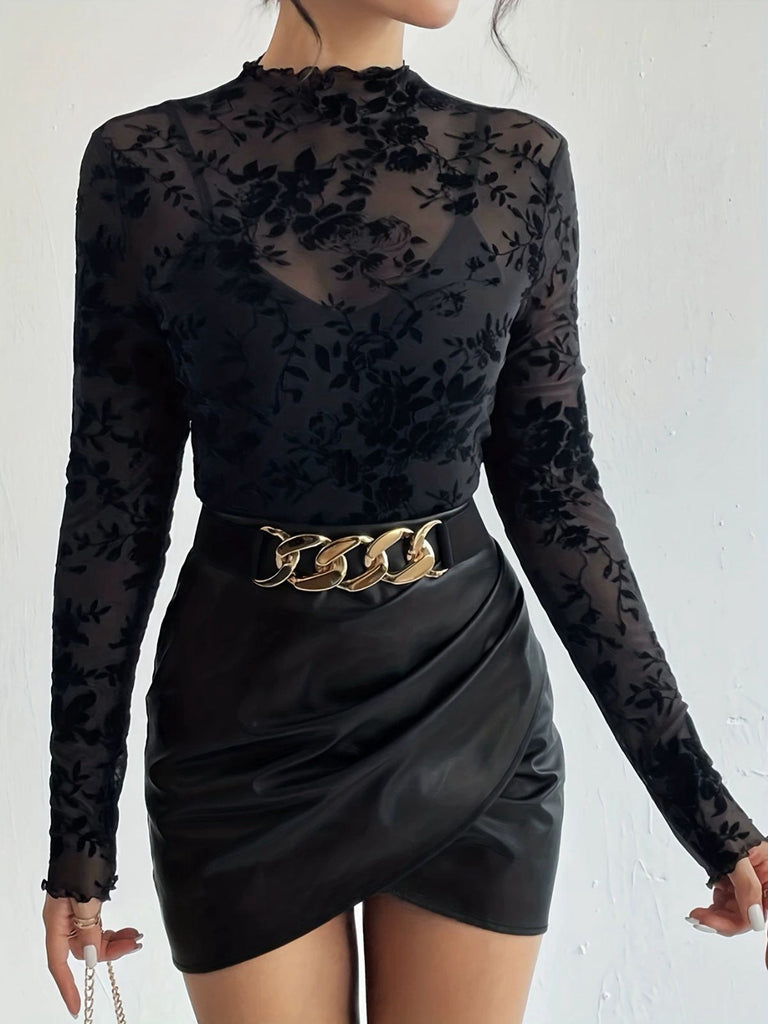 1970s Flocked Floral Mesh Half Turtleneck Slim Top