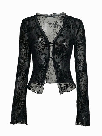 Black 1960s Water-soluble Lace Trim Sheer Blouse