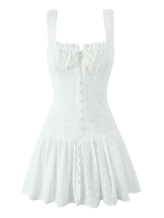 White 1950S Eyelet Embroidered Wide Strap Dress