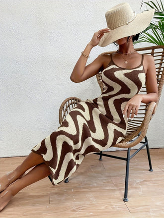 Beige 1970s Boho Irregular Print Knit Dress