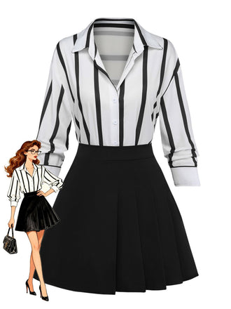 2PCS 1960s Striped Shirt & Asymmetric Pleated Skirt