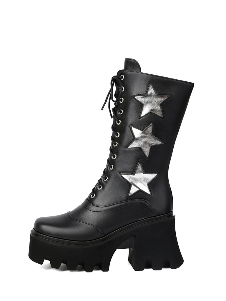Vintage Steampunk Star Print Platform Mid-Calf Boots