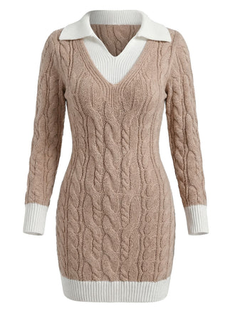 Beige 1960s Cable V-Neck Knit Sweater Bodycon Dress