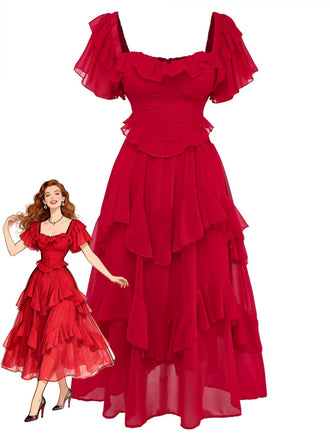 1950s Ruffle Tiered Off-Shoulder Maxi Dress