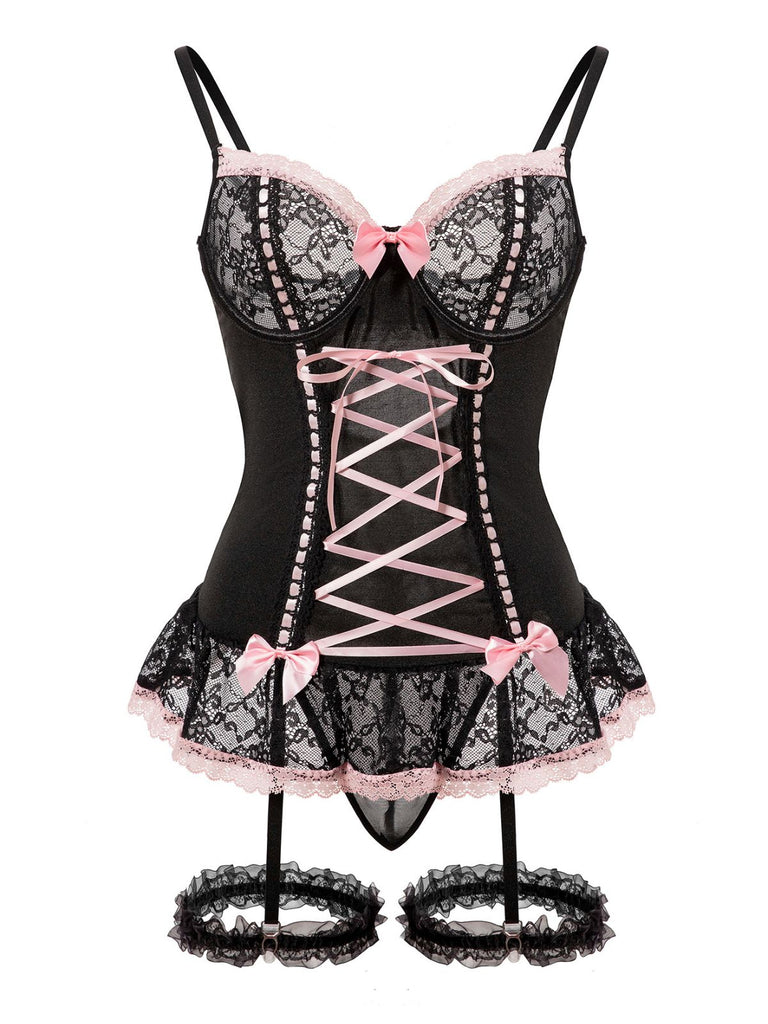 1970s Contrasted Lace Mesh Bow Lace-Up Lingerie Set