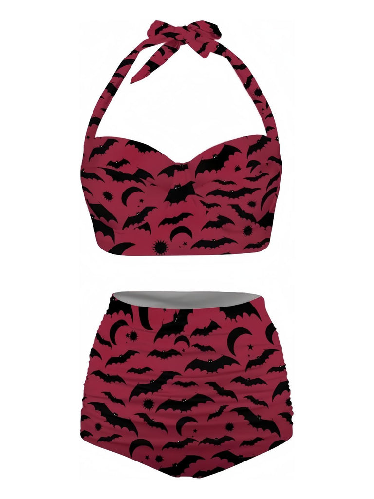 Wine Red 1950s Bat Print Lace-Up Halter Swimsuit
