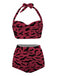 Wine Red 1950s Bat Print Lace-Up Halter Swimsuit
