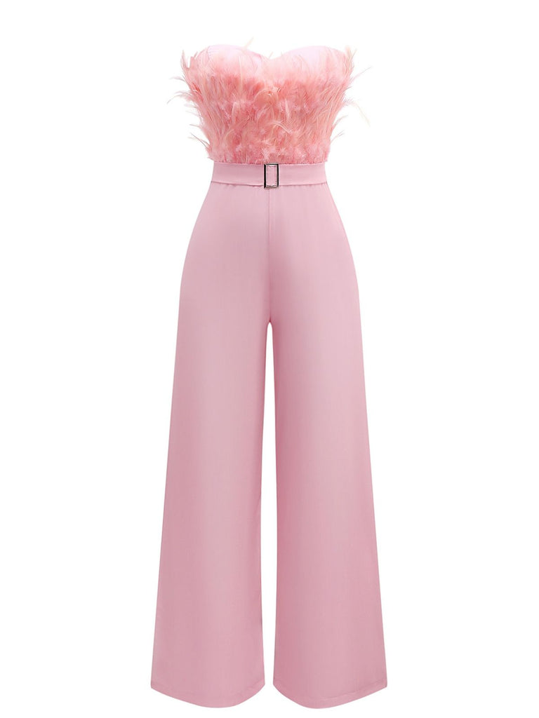 1970s Strapless Feather Solid Jumpsuit