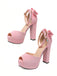 Pink Faux Suede Bow High Block Heel Shoes