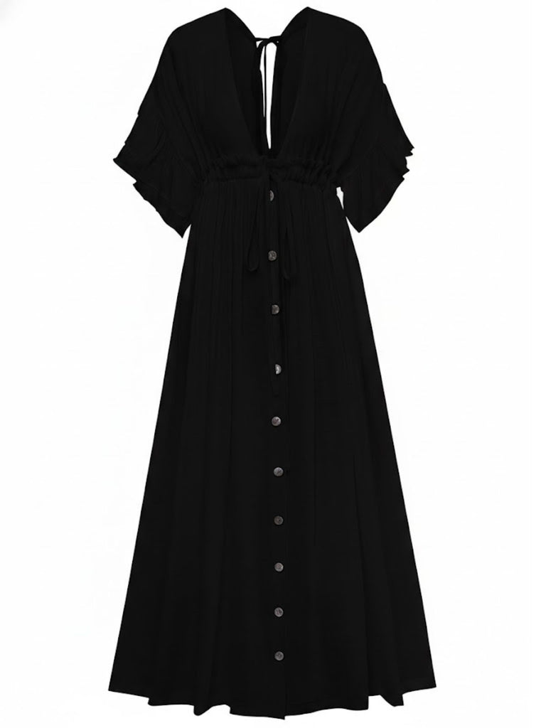 1930s Solid V-Neck Rayon Slub Beach Cover-Up