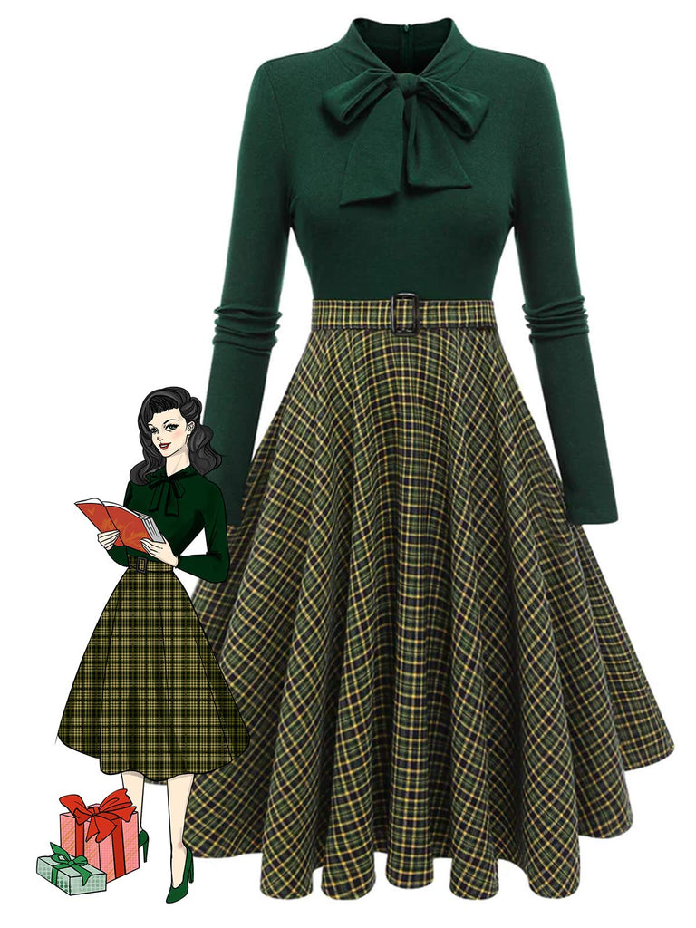 Dark Green 1950s Plaid Knitting Dress