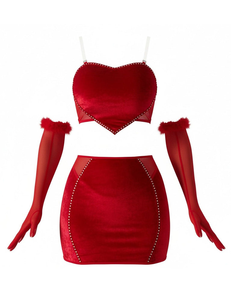 2PCS Red 1980s Velvet Heart Cutout Crop Top & Skirt