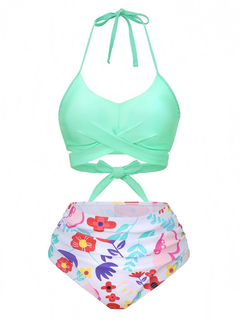 Mint Green 1940s Floral High-Waist Bikini Swimsuit