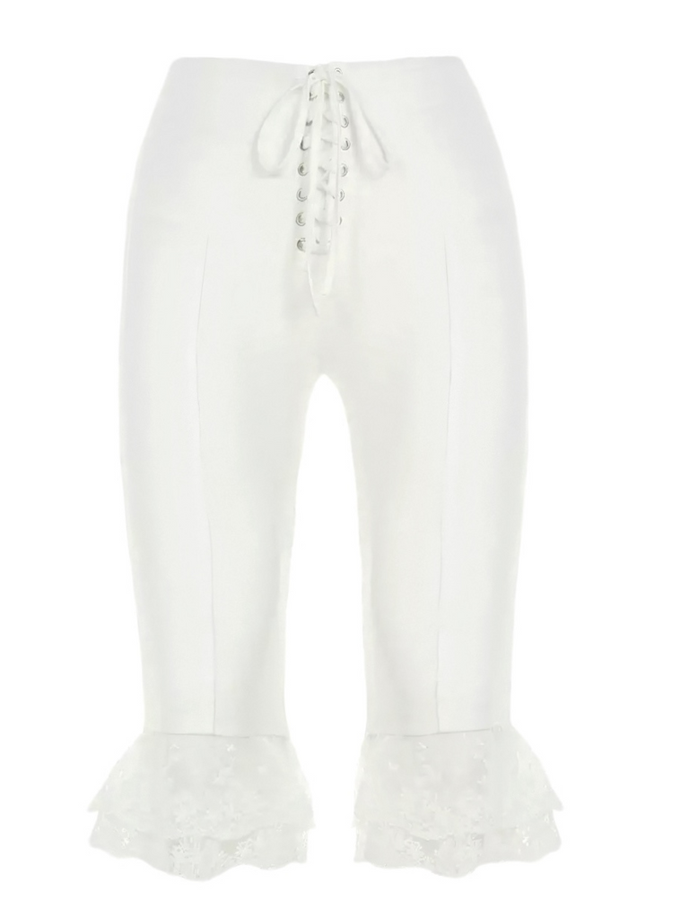 White 1950s Ruffled Lace Hem Cropped Pants