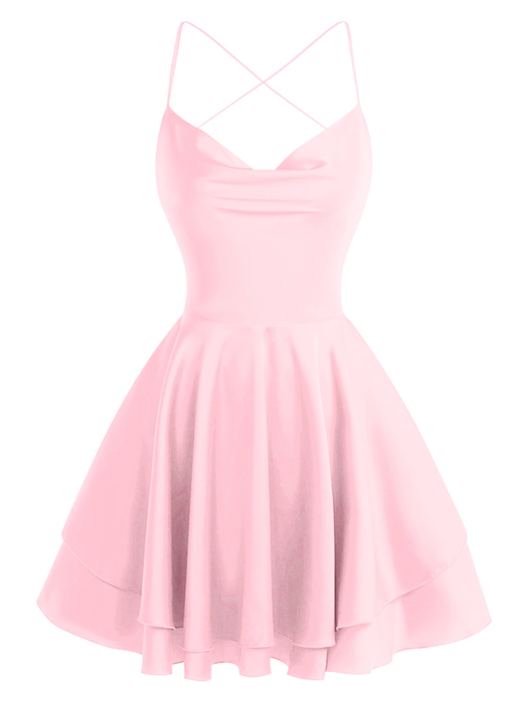 1960s Solid Satin Back Lace-Up Mini Dress