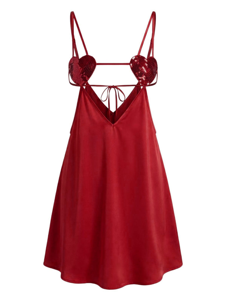 1960s Solid Satin Sequined Heart Sexy Cami Nightgown