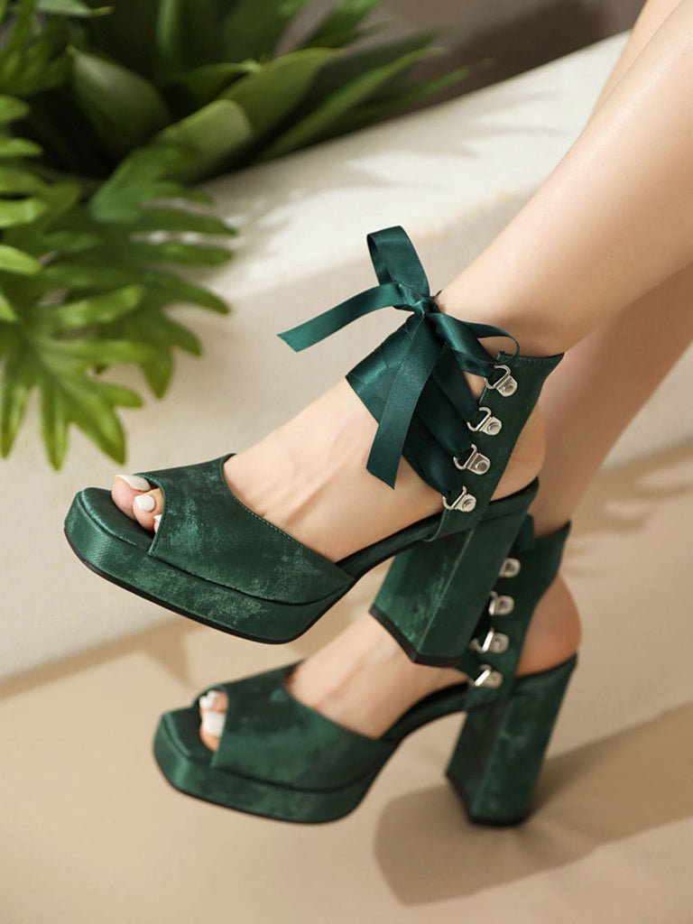 Ribbon Bow Lace-Up Chunky Heel Sandals