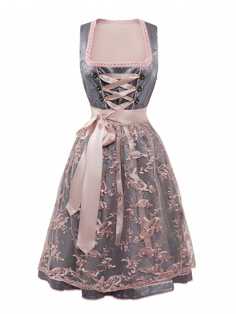 2PCS Pink 1950s Floral Jacquard Dress & Mesh Embroidered Apron