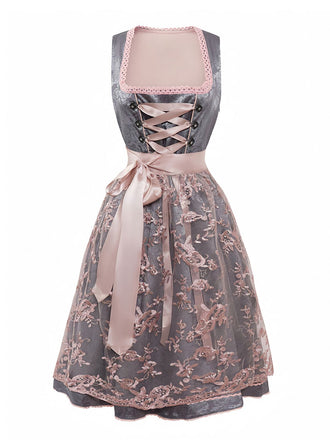 2PCS Pink 1950s Floral Jacquard Dress & Mesh Embroidered Apron