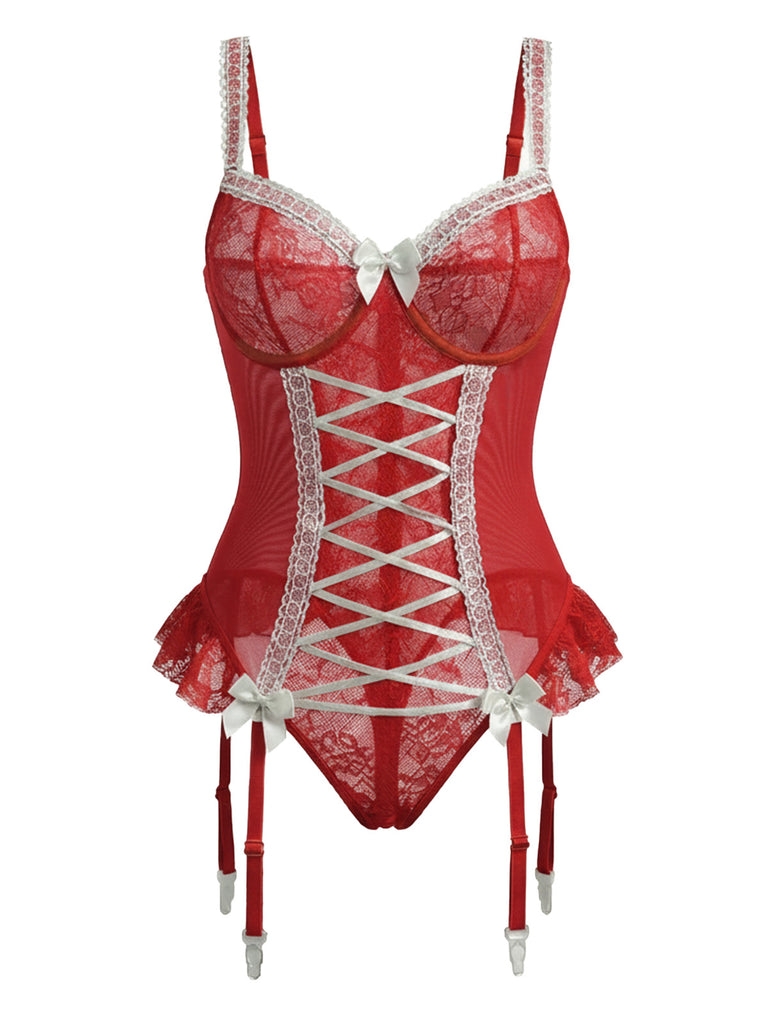 Red 1960s Lace Bow Corset Lingerie With Stocking