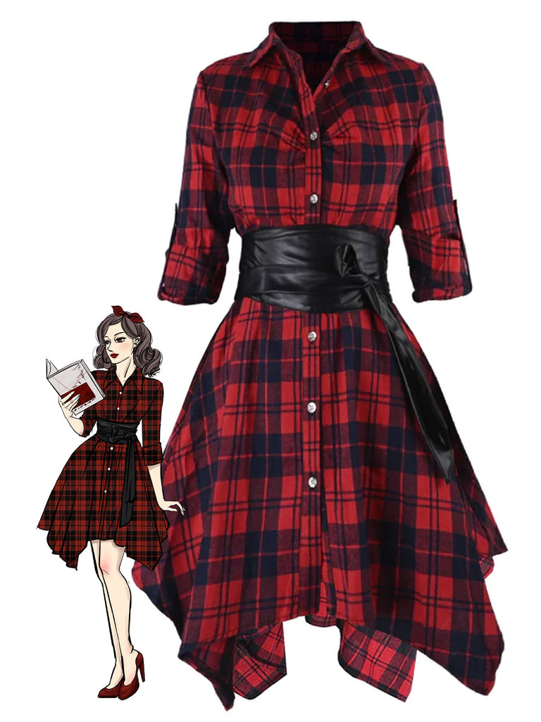 1950s 3/4 Sleeve Plaid Belt Dress