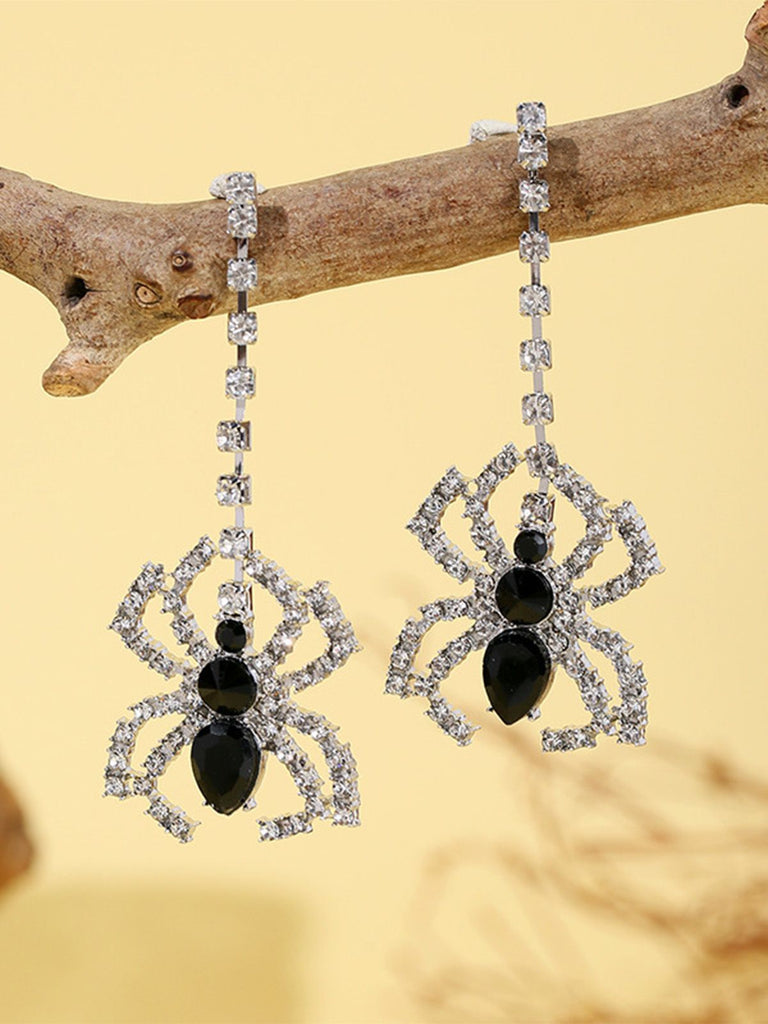 Silver Halloween Rhinestone Spider Drop Earrings