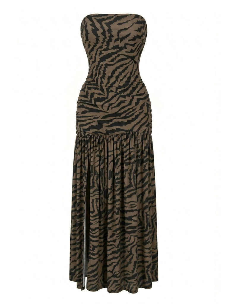 Side view: 1930s 1930s Bandeau Zebra Print Mesh Split Dress, perfect for retro themed parties, vintage fashion enthusiasts and special occasions