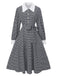 Black 1940s Houndstooth Puff-Sleeves Pearl Button Dress