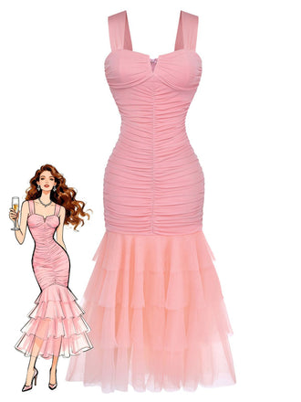 1930s Solid Mesh Patchwork Ruched Bodycon Dress