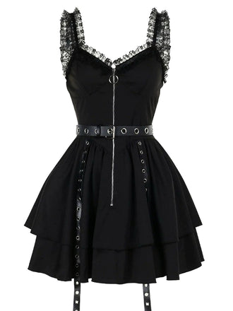 Black 1980s Punk Metal Belted Patchwork Dress