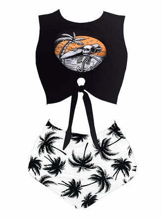 [Pre-Sale] [Plus Size] 1980s Punk Waist Tie Skeleton Beach Print Bikini Set