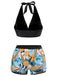 1970s V-Neck Tropical Plants Halter Swimsuit