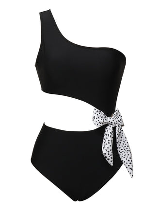 1940s Solid Waist Hollow Dots Bow Patchwork Swimsuit