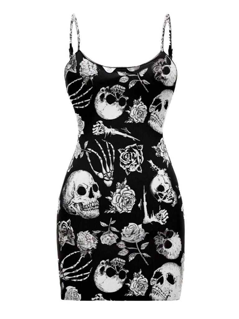 Black 1960s Skull Rose Halloween Bodycon Dress