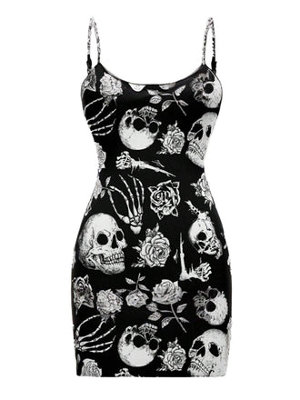 Black 1960s Skull Rose Halloween Bodycon Dress