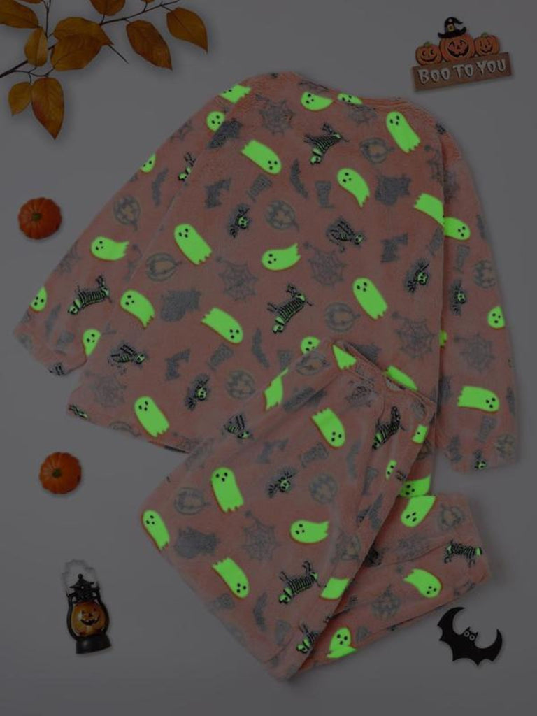 2PCS Orange 1970s Halloween Glowing Print Flannel Pajama Set