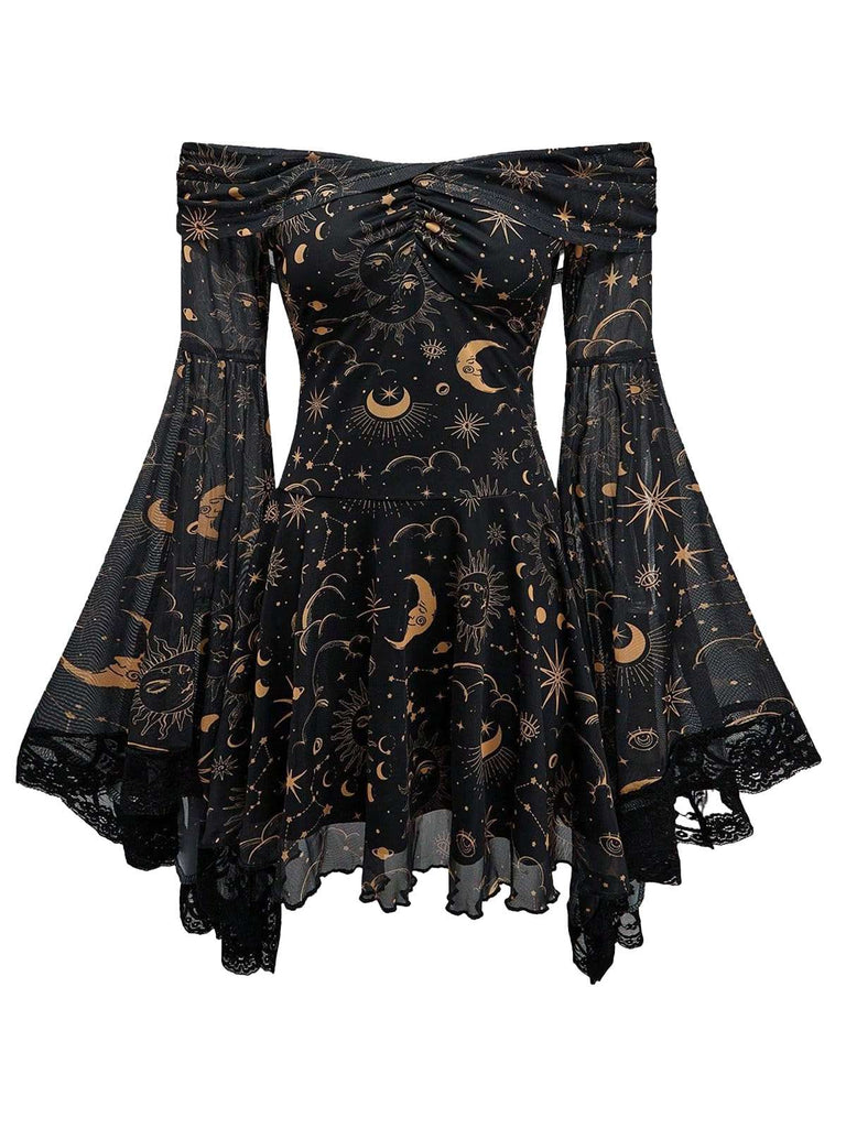 1980s Star Moon Sun Face Off-Shoulder Bell Sleeve Dress