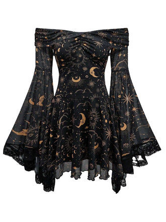 1980s Star Moon Sun Face Off-Shoulder Bell Sleeve Dress