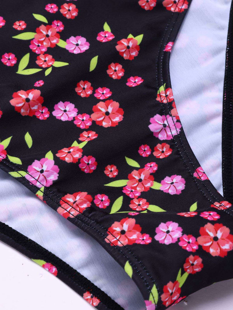 Black 1940s Ditsy Floral Lace-Up Tankini Set