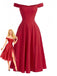 Red 1950s Solid Off-Shoulder Slit Fishbone Dress