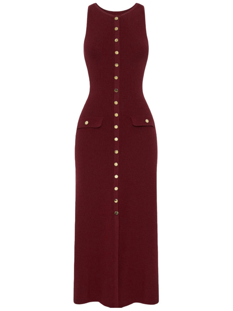 1960s Solid Sleeveless Single-Breasted Knitted Dress